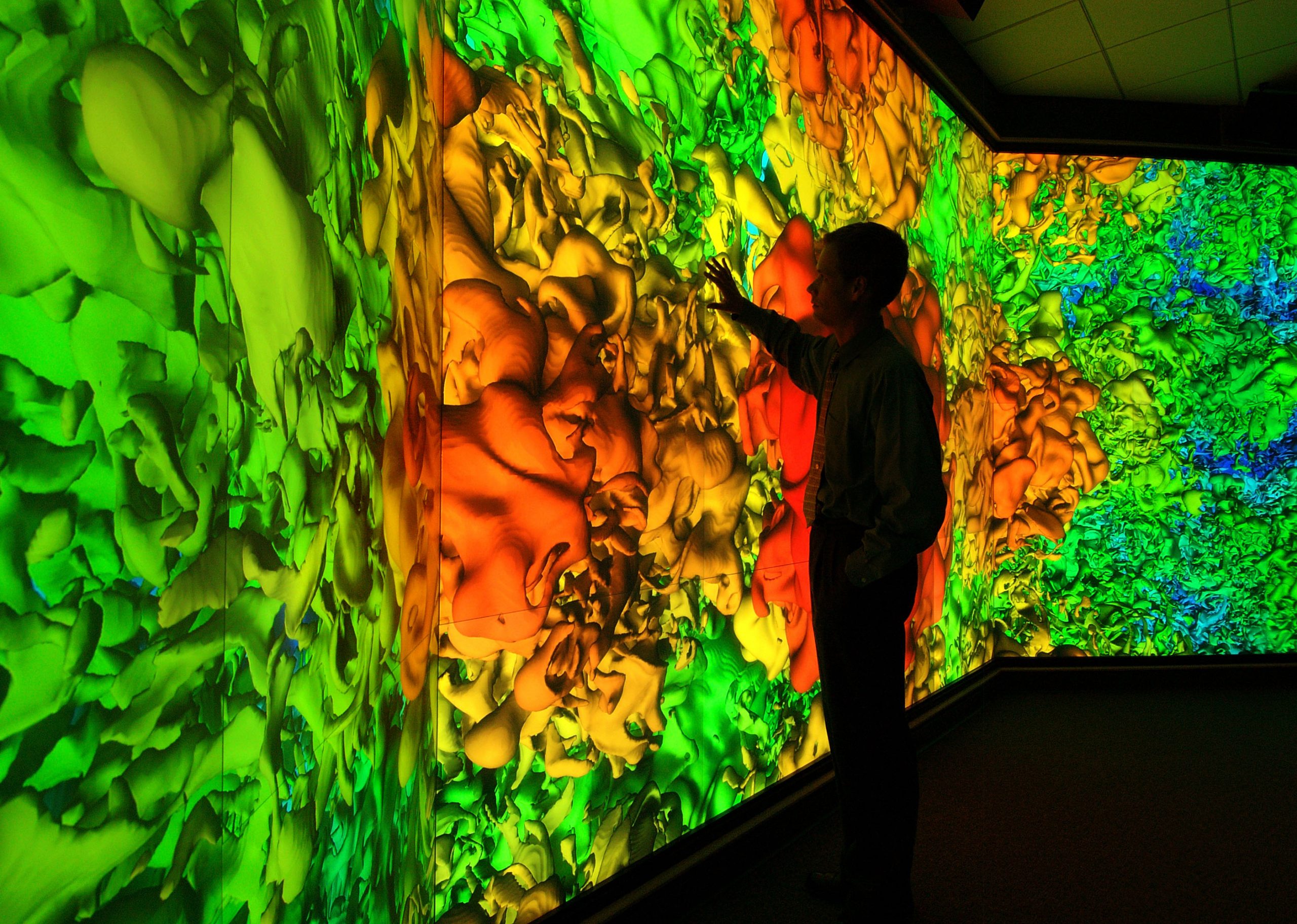 A photographic camera and display system being sought by artists and scientists involved in the Big Picture Summit would have 16 times greater data display capability than this display at Sandia National Laboratories, which scientists use to visualize highly complex supercomputer-generated physics simulations.