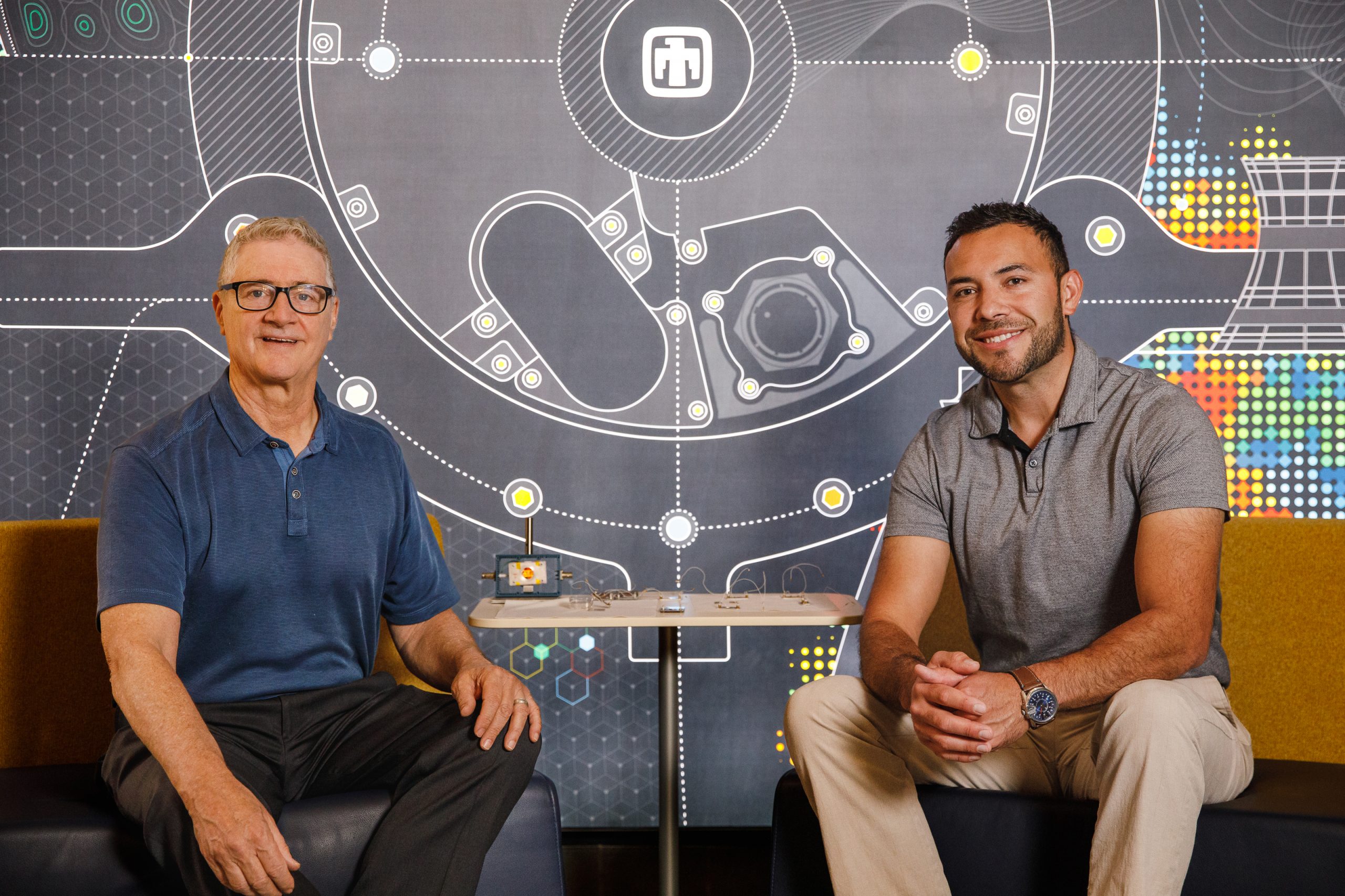 Materials scientists, Patrick Doty, left and Isaac Aviña, right, teamed up to create a patch that can better prevent damage of healthy tissue in proton radiation cancer treatment. 