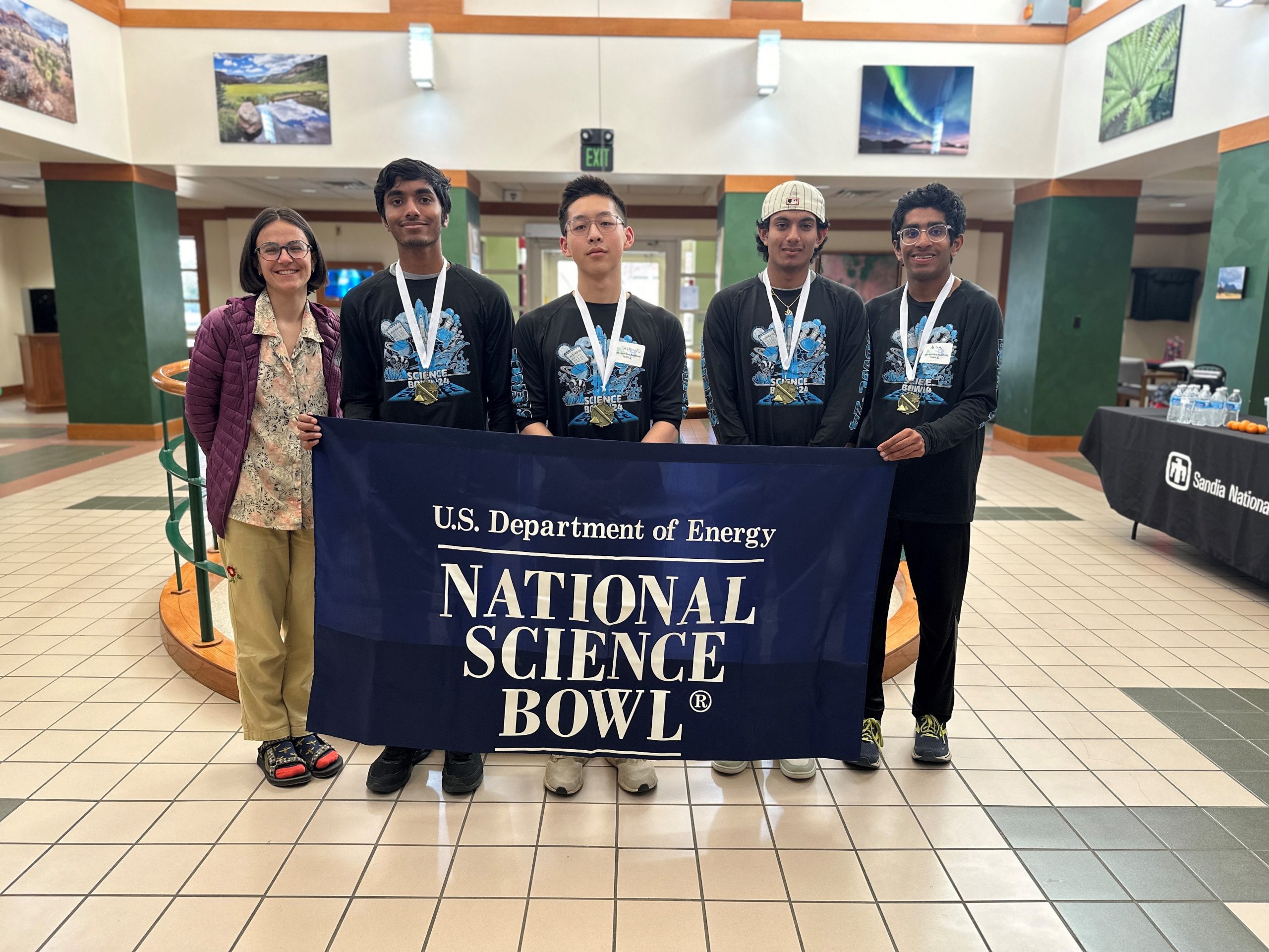Third place, Albuquerque Academy, from left, Coach Mackenzie Gibbs, Dhruv Grandhe, Jack Yu, Aarush Tutiki and Akilan Sankaran.