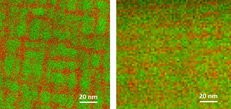 The image on the left was captured in seven minutes at 0.5nm/pixel with Sandia's new AC-STEM; the image on the right was captured in 120 minutes at 2nm/pixel with the old microscope. The analytical power of the AC-STEM is at least 70 times better than the older analytical microscope at Sandia. These high-resolution chemical images are confirming predictions from the 1970s regarding the atomic-scale characteristics of electrical contact materials.