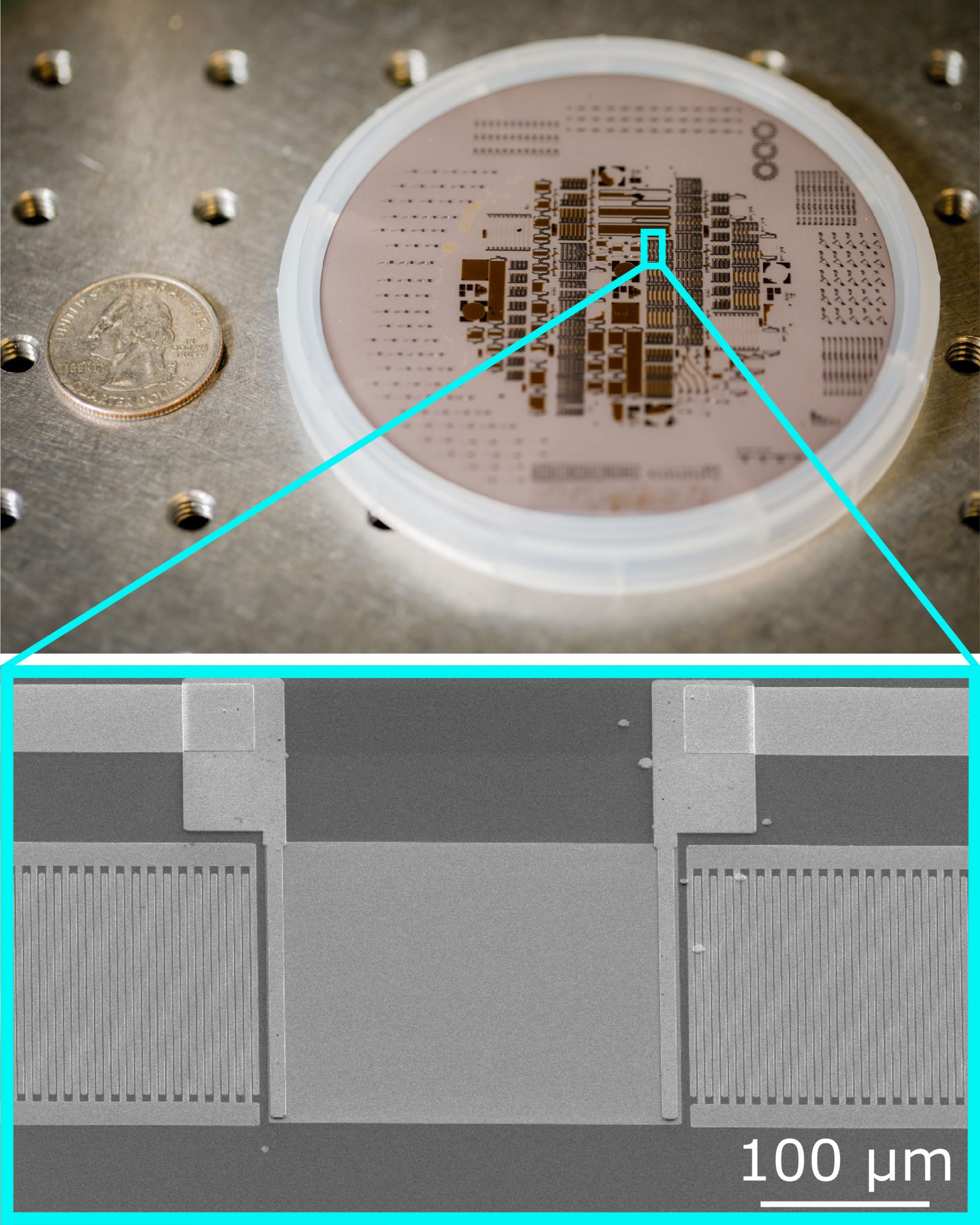 An acousto-electric chip, top, produced at Sandia National Laboratories includes a radio-frequency amplifier, circulator and filter. An image taken by scanning electron microscopy shows details of the amplifier.