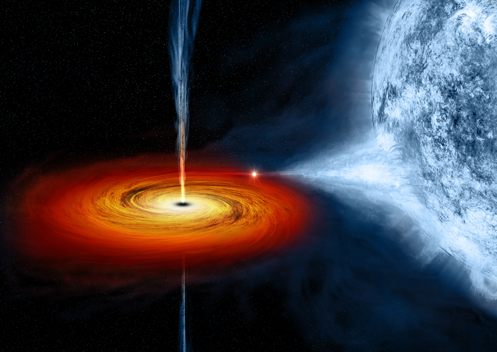 This is an artist's depiction of the black hole named Cygnus X-1, formed when the large blue star beside it collapsed into the smaller, extremely dense matter.