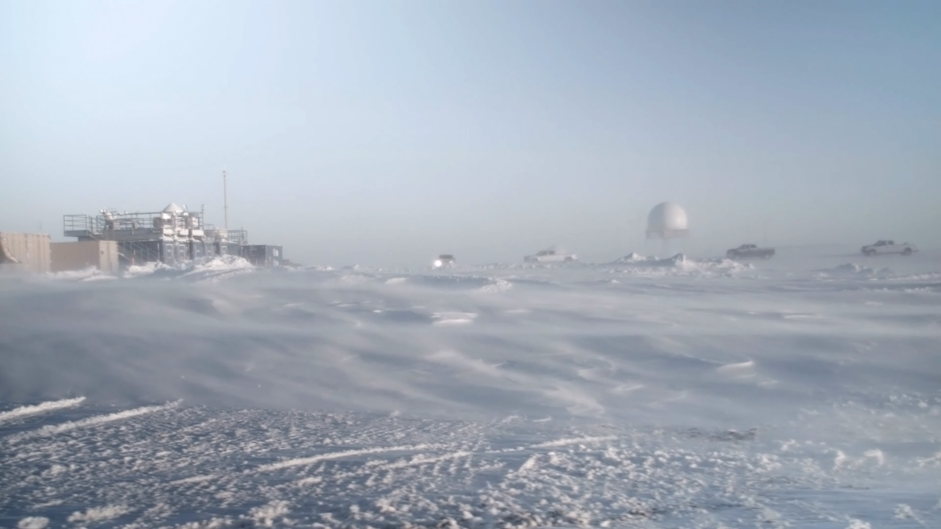 Blowing snow at the Sandia National Laboratories-run ARM mobile facility in Oliktok Point.