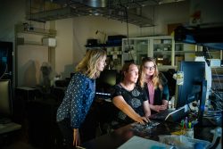 From left to right, Sandia National Laboratories scientists Lauren Rohwer, Kim Butler and Dorina Sava Gallis look at characterizations they have done in the lab for their optical tags project.