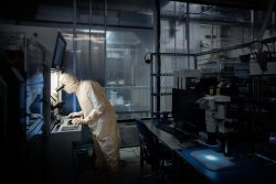 Sandia National Laboratories electrical engineer Ray Haltli optimizes parameters before placing gold wire bonds on an ion trap. When ready, the machine runs automatically, placing up to seven wires per second.