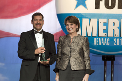 Steve Castillo with Marillyn Hewson, executive vice president of Lockheed Martin’s Electronic Systems business area and chair of the Sandia Corporation board of directors.