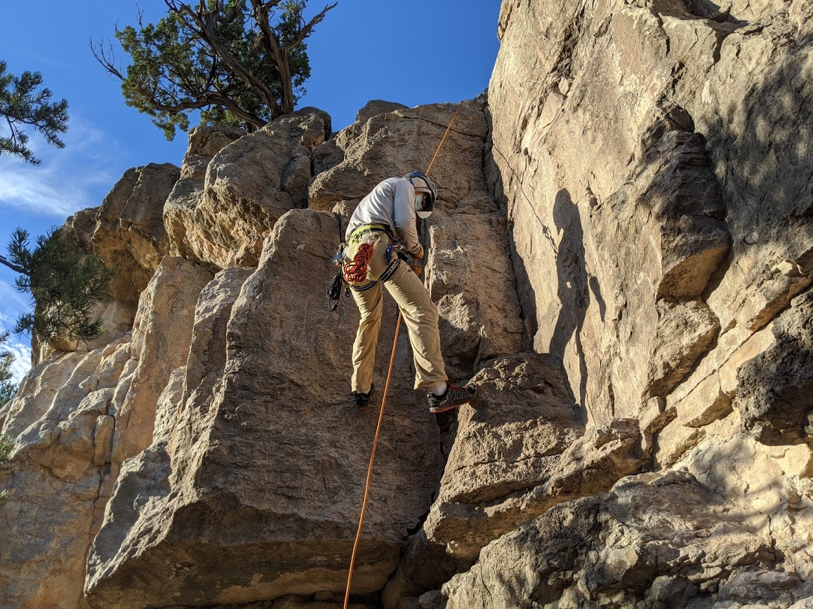 Craig Tenney practices his technical rescue skills during an August training session. Craig is a Sandia chemical engineer and the president of the Albuquerque Mountain Rescue Council.