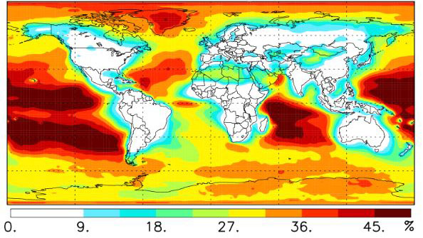 This map shows the fraction of formic acid concentration arising from the new chemical pathway involving nonequilibrium concentrations of vinyl alcohol. This pathway accounts for more than half of the total modeled formic acid production over large areas of the Pacific and Indian oceans.