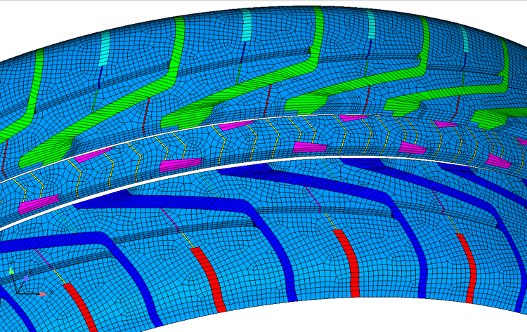 This simulation shows the detailed tread mesh of a tire.