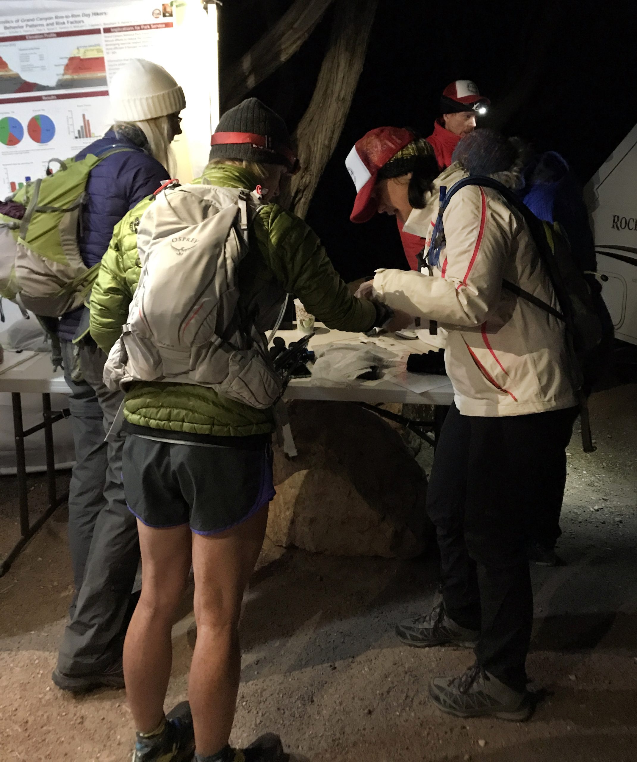 R2R WATCH participants check in bright and early before their 21-mile hike in the Grand Canyon.