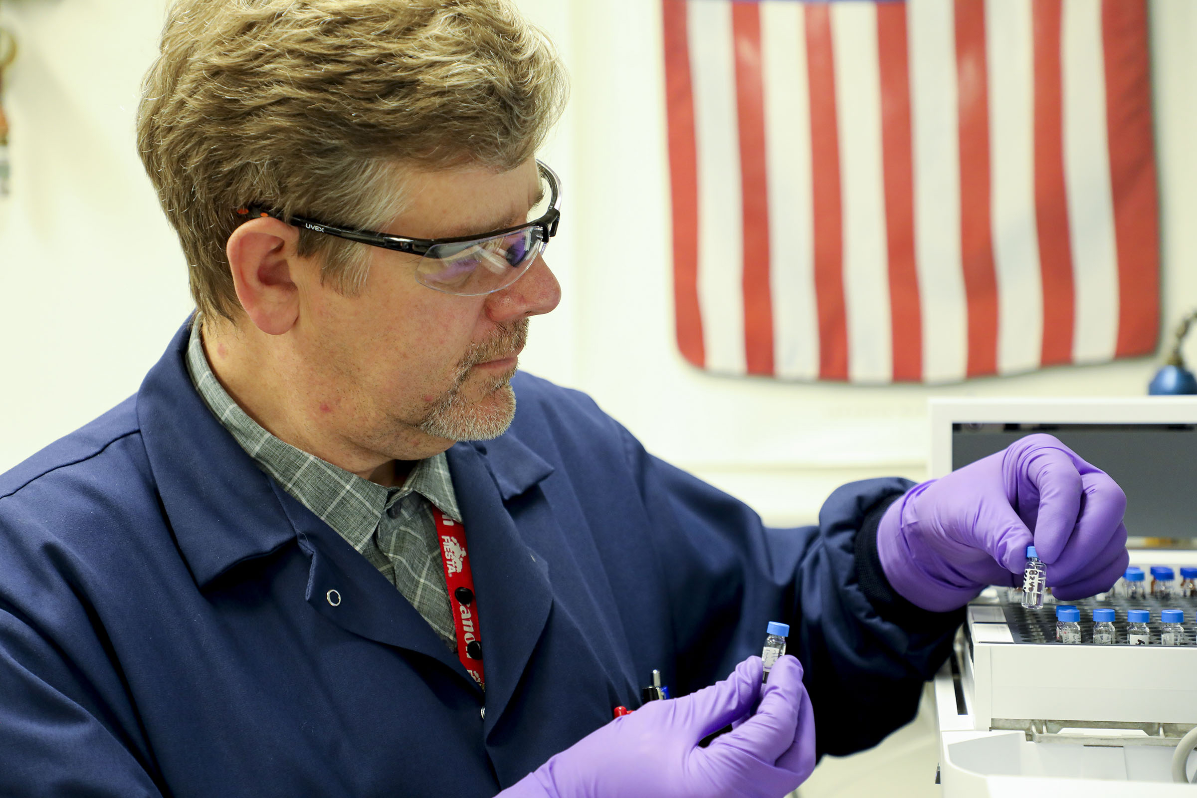 Sandia National Laboratories analytical chemist Curtis Mowry conducted gas chromatography on materials used for hand sanitizer. That process involves vaporizing a small sample in an instrument that separates and measures each ingredient.