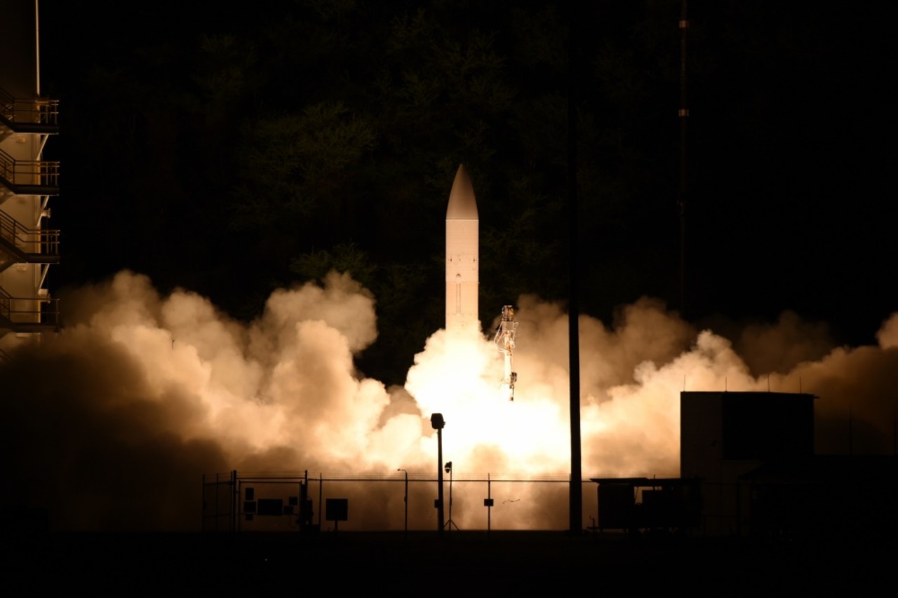 A common hypersonic glide body launches during a Defense Department flight experiment at the rocket launch range operated by Sandia National Laboratories in Kauai, Hawaii, March 19.