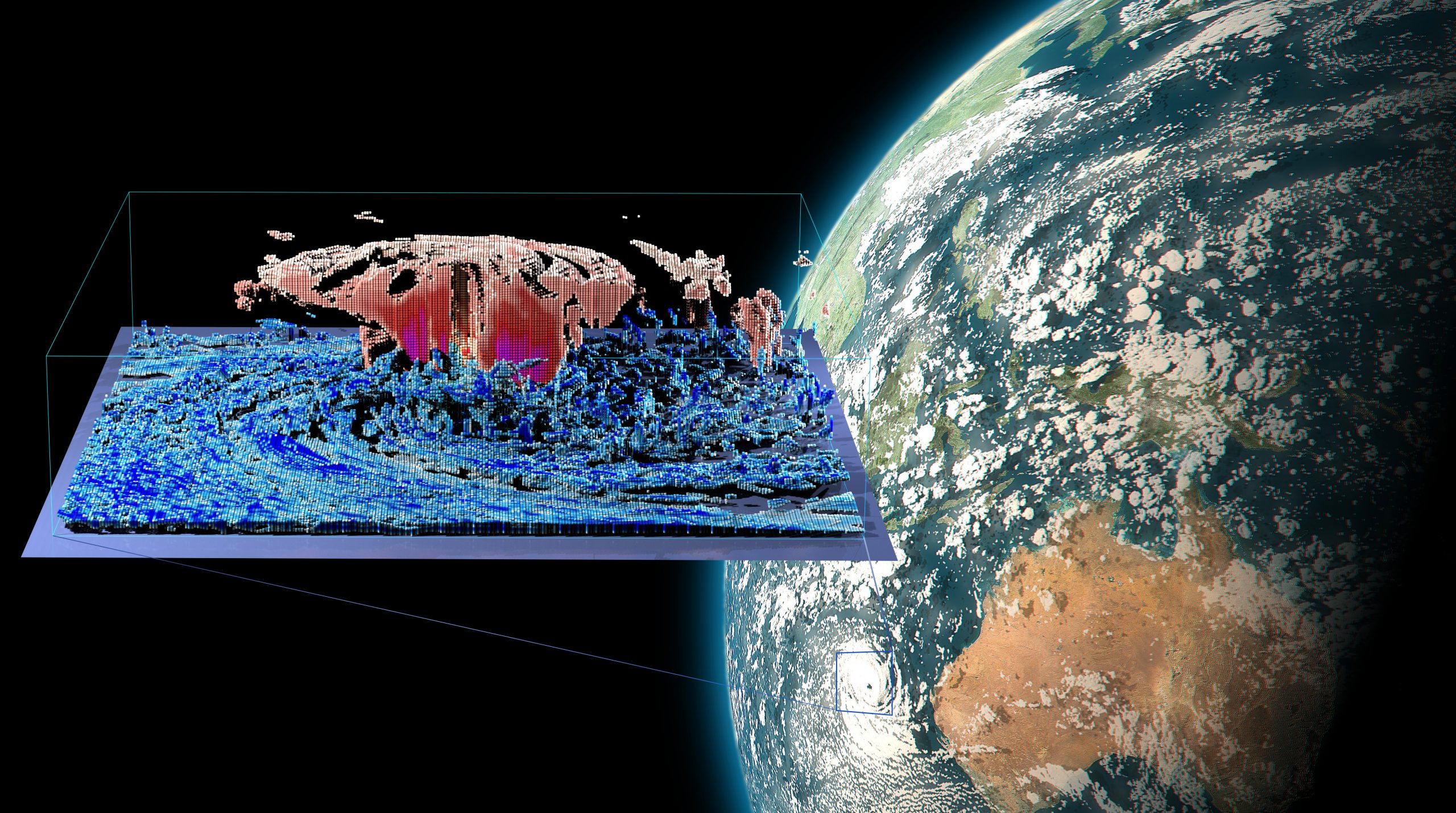 Snapshot from a cloud-resolving E3SM simulation showing a tropical cyclone off the west coast of Australia. The global view shows clouds where the condensed water content is greater than 0.1 g per kilogram. The inset shows a 3D cross section with ice mass in red and liquid cloud structure in blue.”
