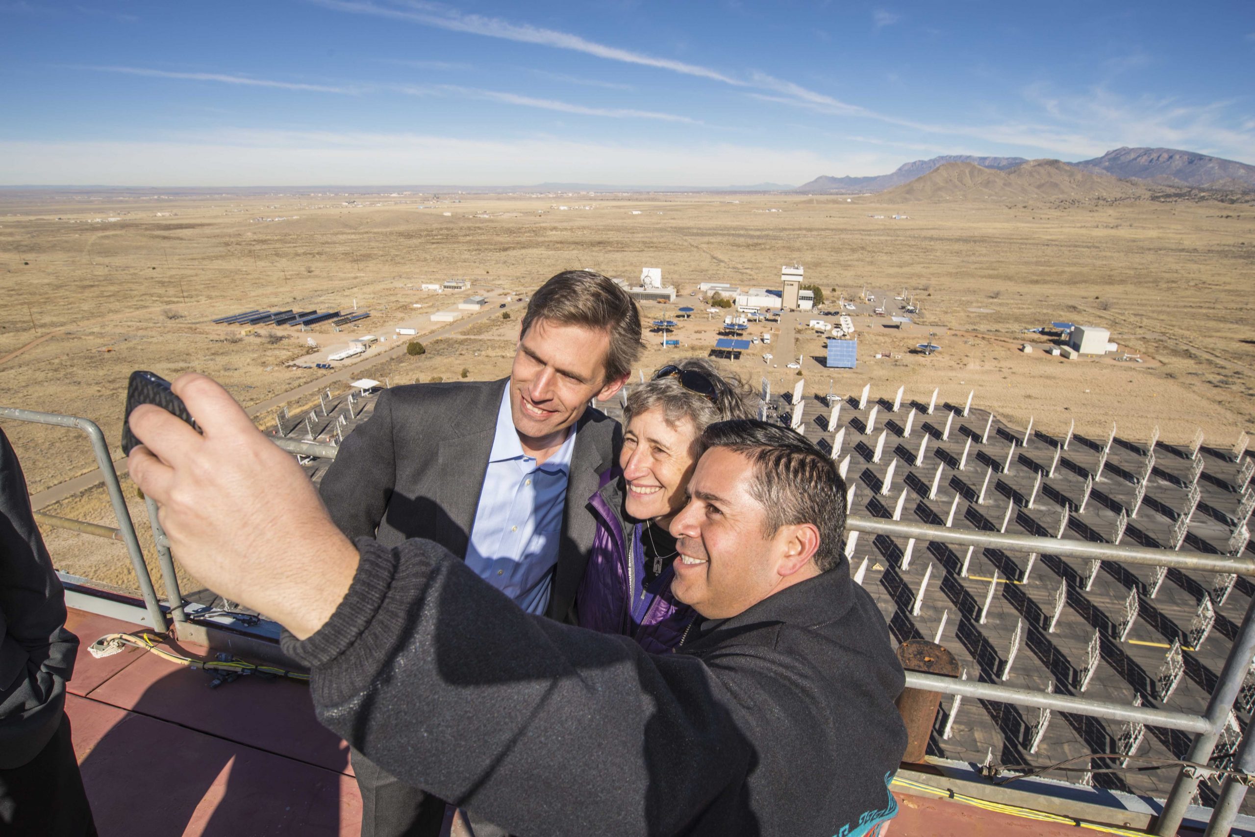 U.S. Sen. Martin Heinrich, left, U.S. Secretary of the Interior Sally Jewell, center, and U.S. Rep. Ben Ray Lujan, right, at Sandia National Laboratories’ National Solar Thermal Test Facility on Jan. 24, 2015, to announce the approval of the SunZia Southwest Transmission Project, a major infrastructure project for the Western states.