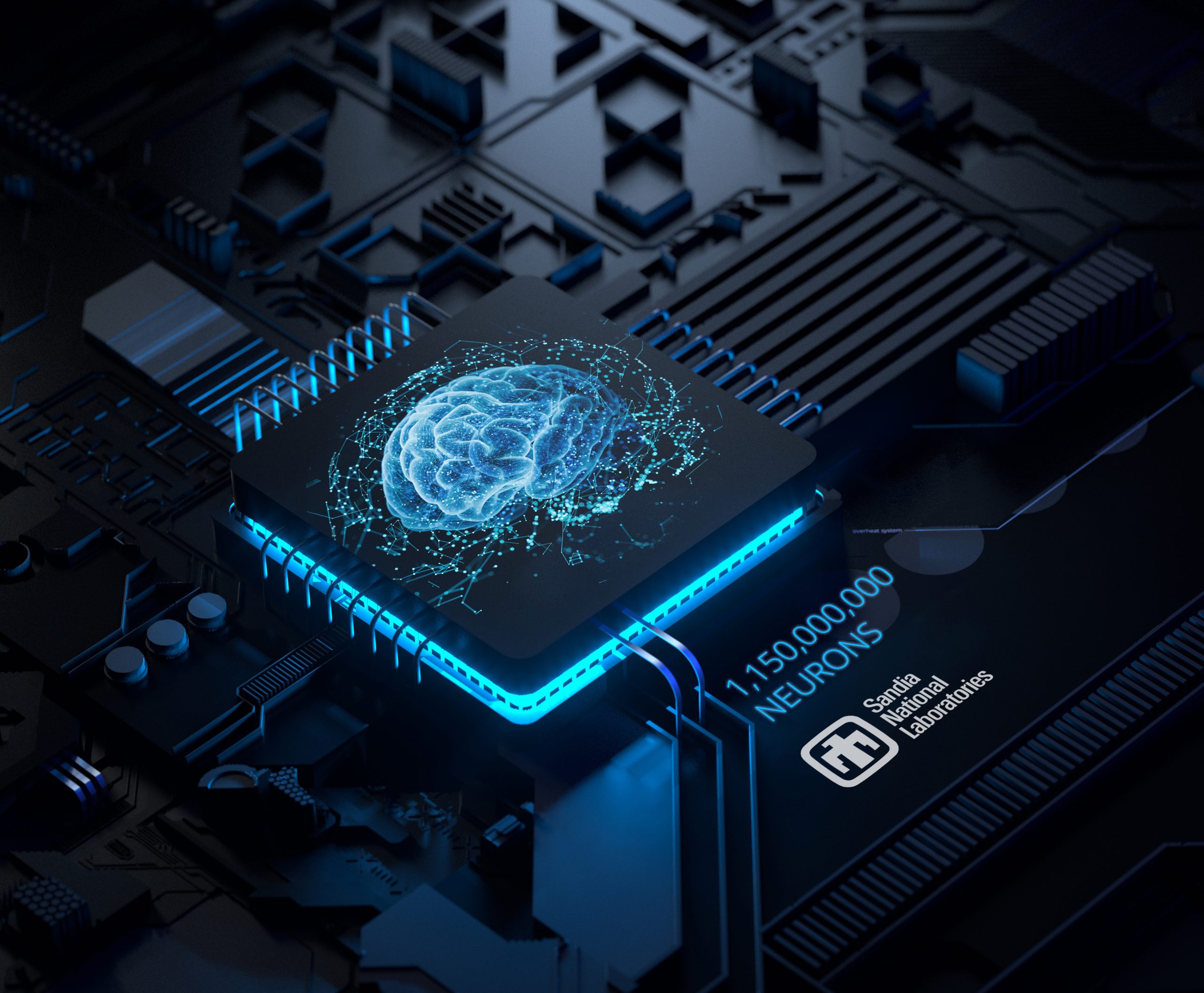 3D render of the motherboard with an AI chipset illuminated from the bottom.