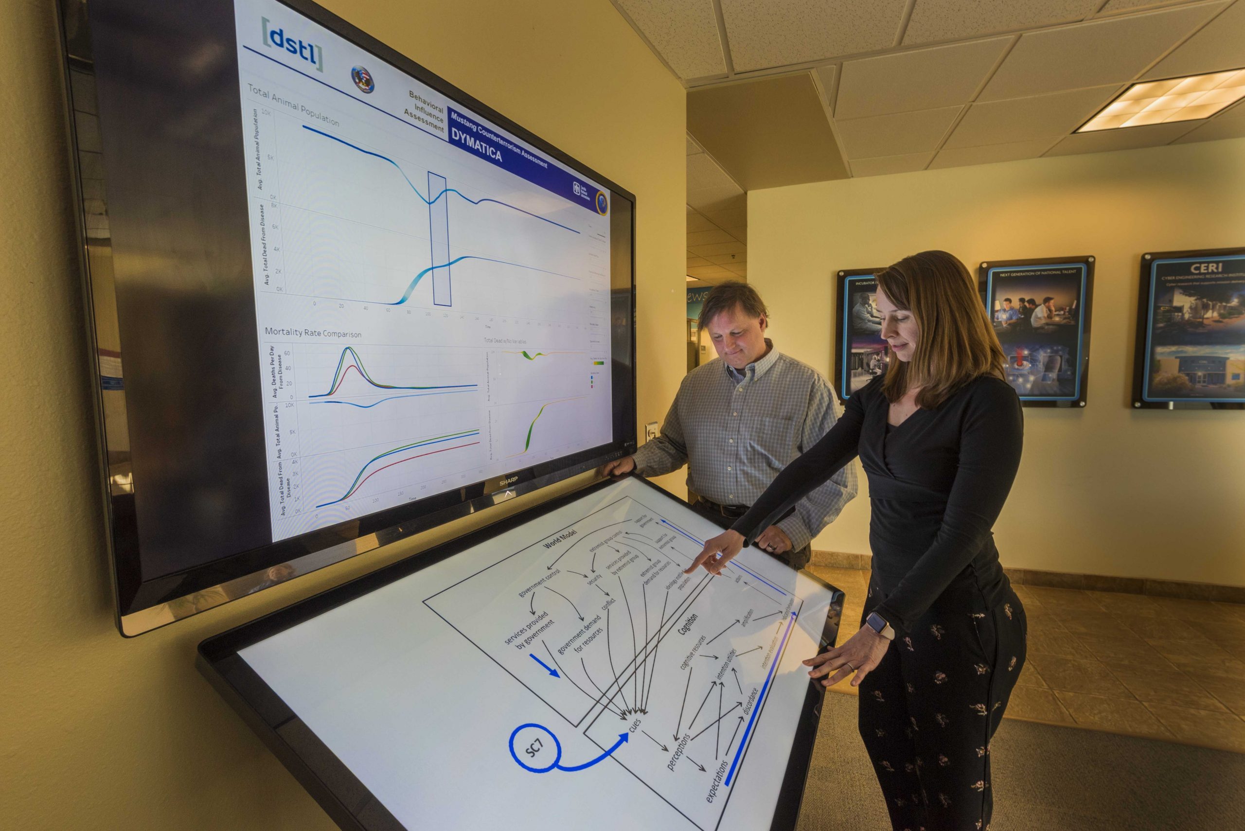 Sandia National Laboratories researchers Mike Bernard, left, and Asmeret Naugle translate a web of psychology, social science, economics and politics into a framework to better understand how groups make decisions.