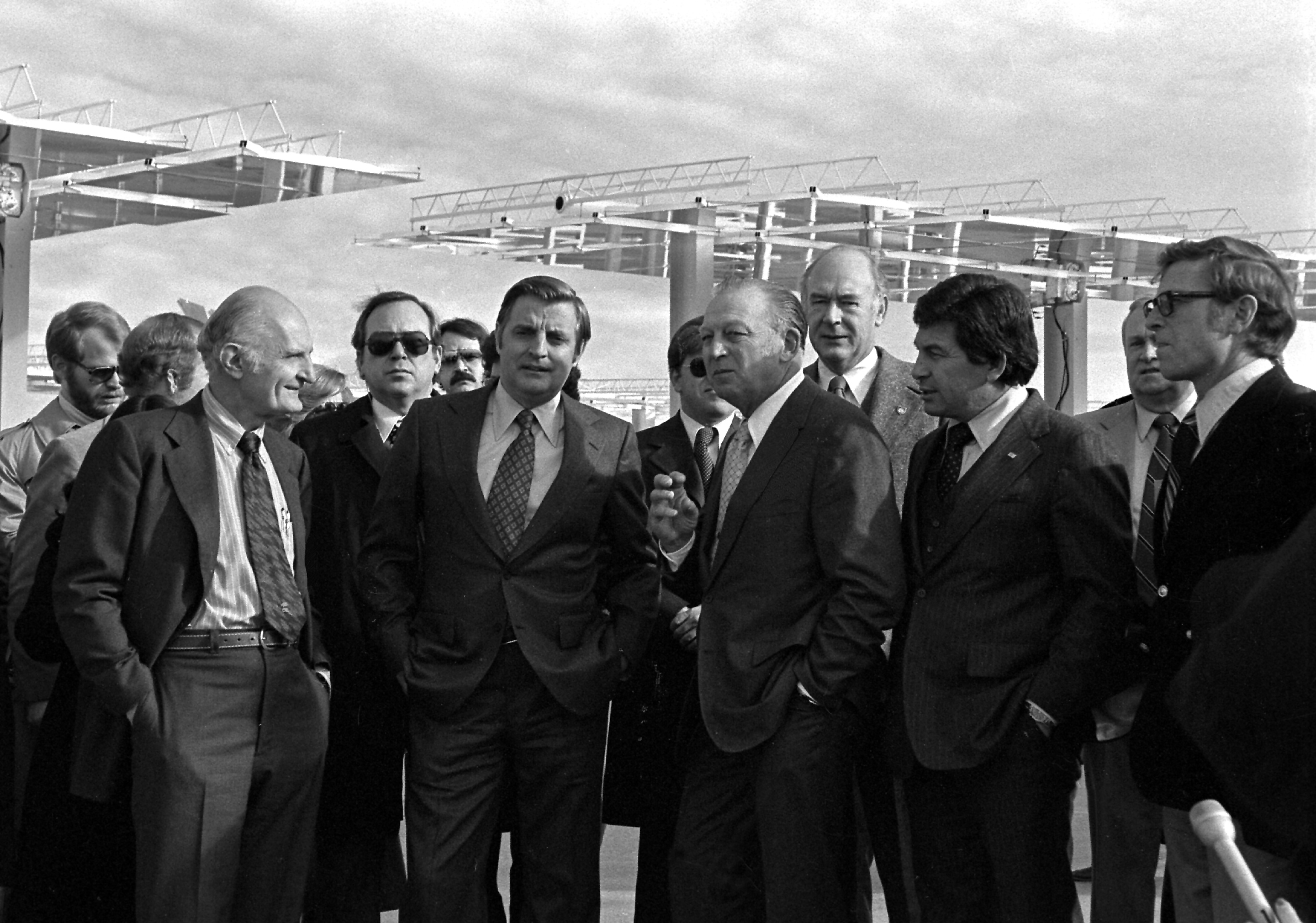 Vice President Walter Mondale visited Sandia National Laboratories solar research facilities on Jan. 10, 1978. From left, Labs Director Morgan Sparks, Mondale, DOE Albuquerque Office’s Herman Roser, New Mexico Gov. Jerry Apodaca and U.S. Sen. Pete Domenici.