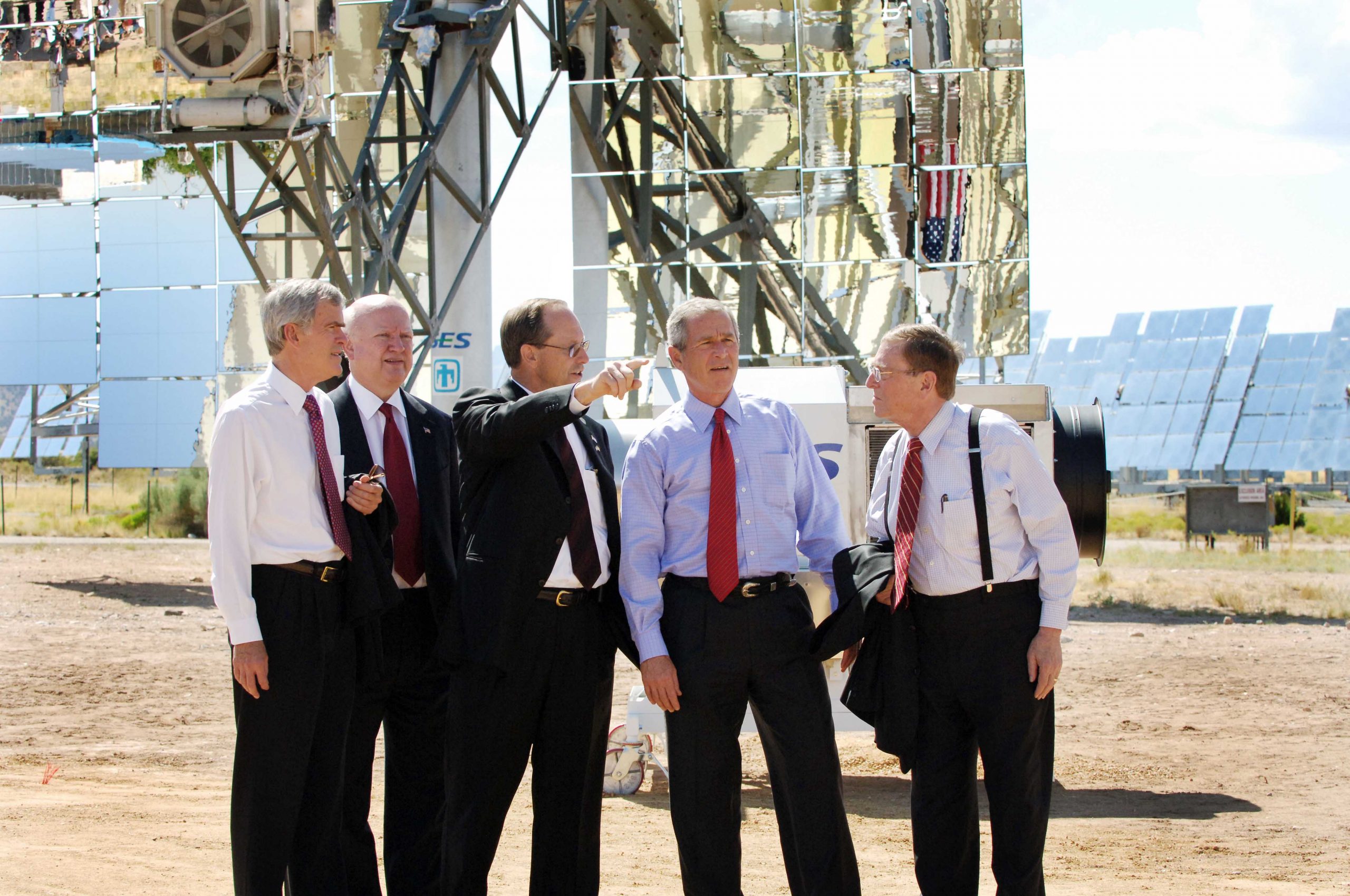 President George W. Bush visited Sandia National Laboratories’ National Solar Thermal Test Facility on Aug. 5, 2005 to sign the Energy Policy Act of 2005. From left, Sen. Jeff Bingaman, Secretary of Energy Samuel Bodman, Labs Director Tom Hunter, Bush, and U.S. Sen. Pete Domenici.