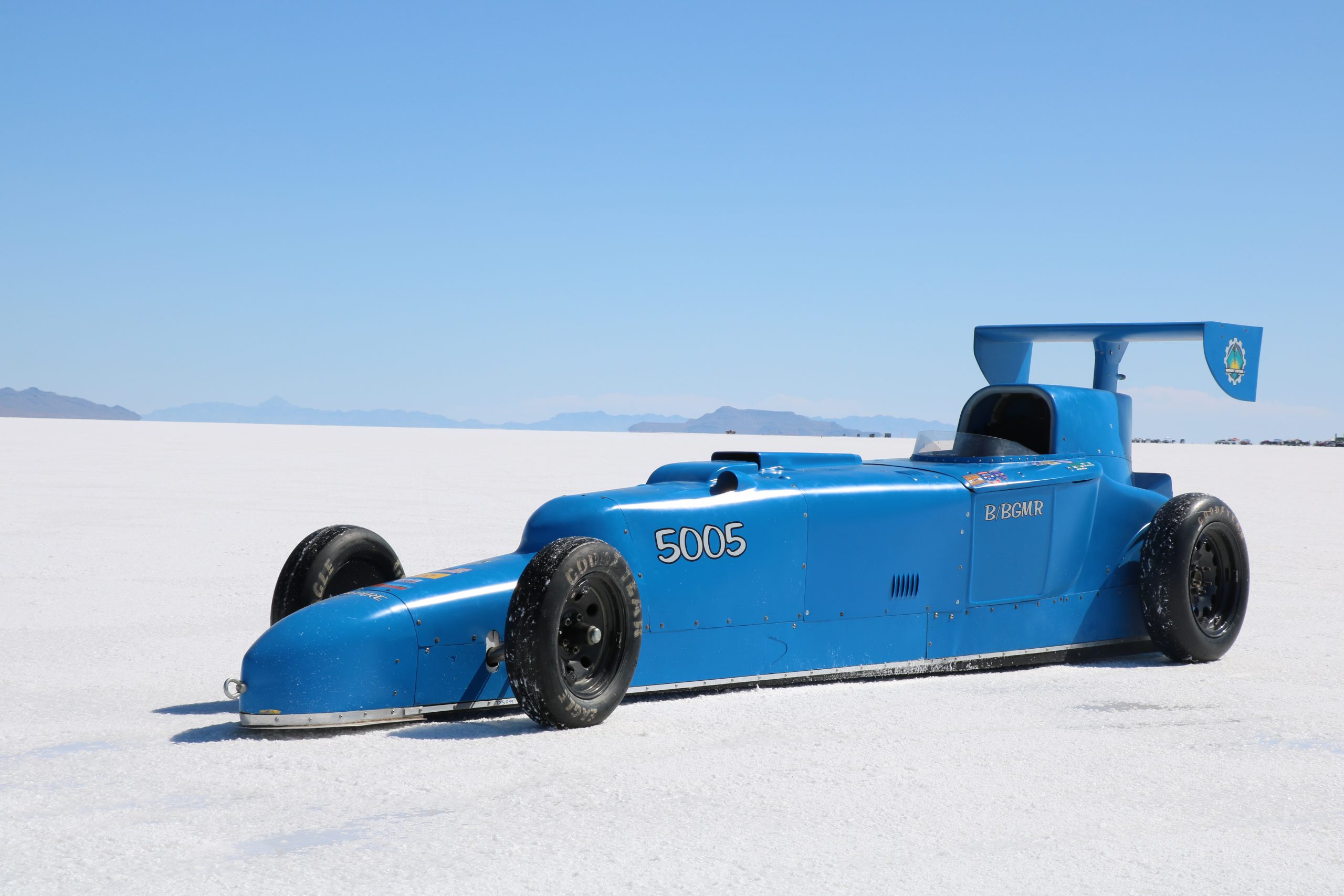 The Wirths' fully assembled racecar sits parked at the Bonneville Salt Flats racetrack in Utah, where they compete each year to set land-speed records in their vintage car class.