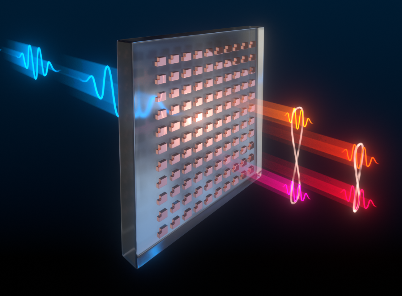 In this artist rendering of a metasurface, light passes through tiny, rectangular structures — the building blocks of the metasurface — and creates pairs of entangled photons at different wavelengths. The device was designed, fabricated and tested through a partnership between Sandia National Laboratories and the Max Planck Institute for the Science of Light.