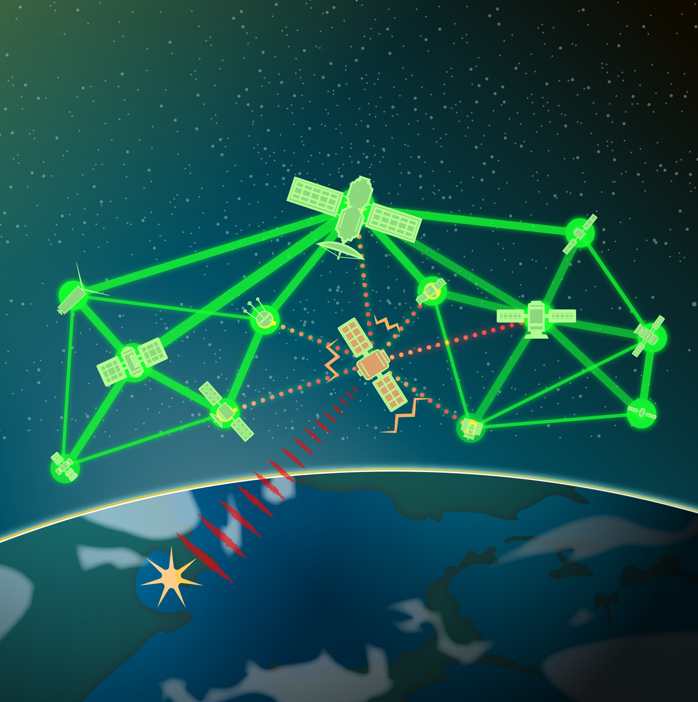 Satellites react to a malfunctioning member of the group in this artist’s rendering of what an autonomous constellation could look like. Sandia National Laboratories is supporting the Air Force Research Laboratory project.