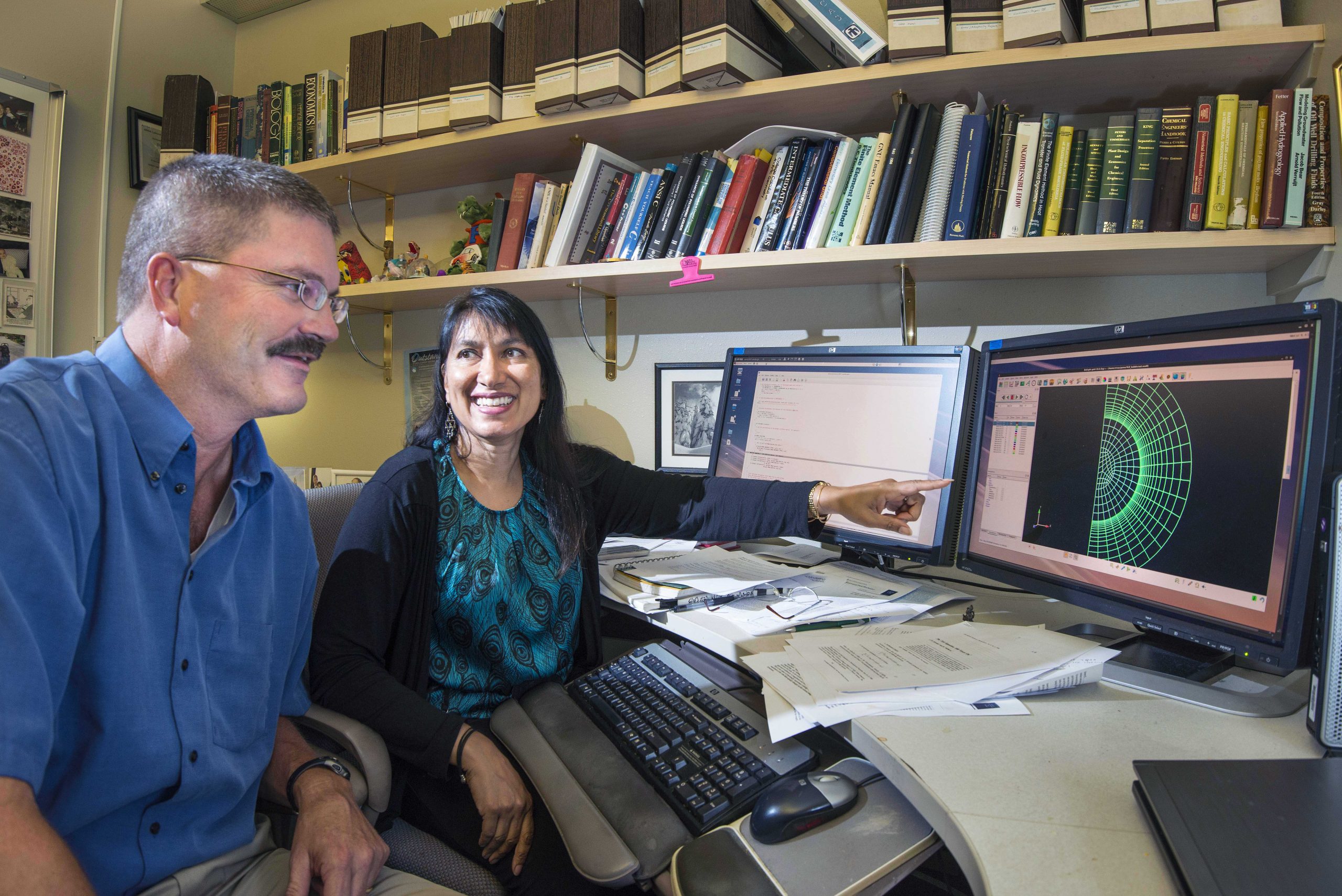Sandia National Laboratories researchers Randall Schunk and Rekha Rao discuss an image generated by the Goma 6.0 program.