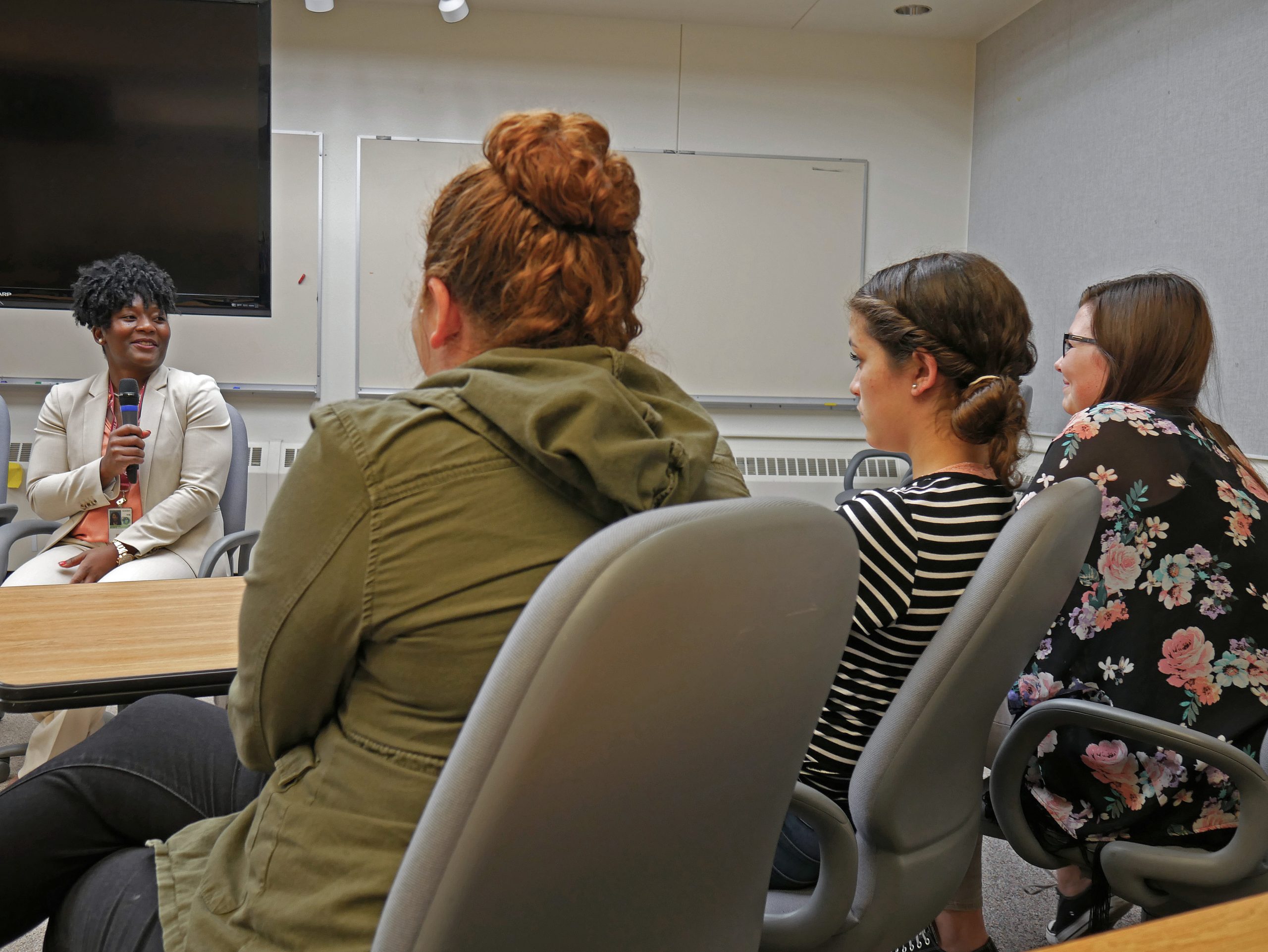 Sandia National Laboratories materials scientist Olivia Underwood answers questions during a recent Sandia Women’s Action Network panel. “When someone counts you out, make sure you believe in yourself. Dig deep, push yourself and give them a reason to count you in,” she said. “You have to advocate for yourself because no one will do that better than you.”