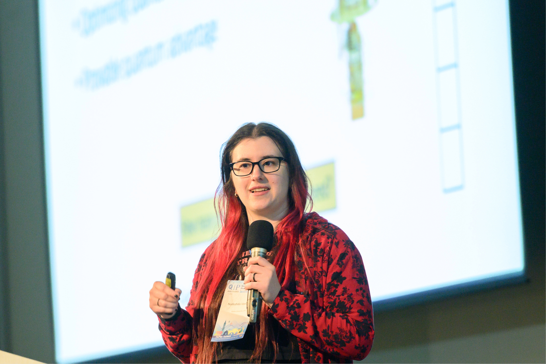 Nadezhda Voronova, a Ph.D. candidate in computer science at Boston University, presents results of her team's quantum advantage research at the Quantum Information Processing conference in Taipei, Taiwan, in January.