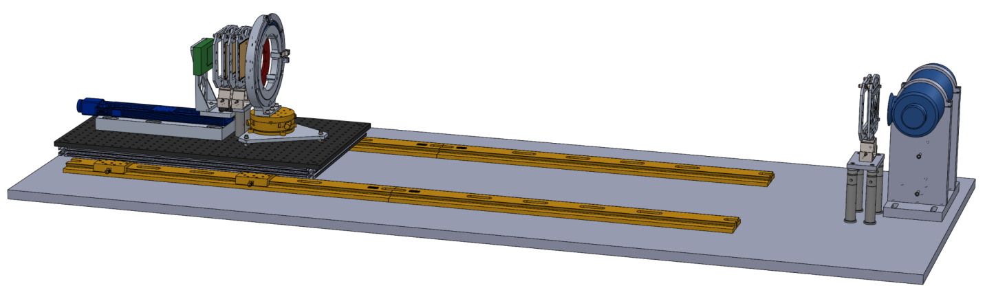 Sandia National Laboratories' X-ray phase contrast imaging system fits on a laboratory table. The source grating fits in front of the X-ray tube on the right, creating an array of tiny X-ray sources, which travel to the sample that sits in the ring. Behind the sample are phase and analyzer gratings and the detector.