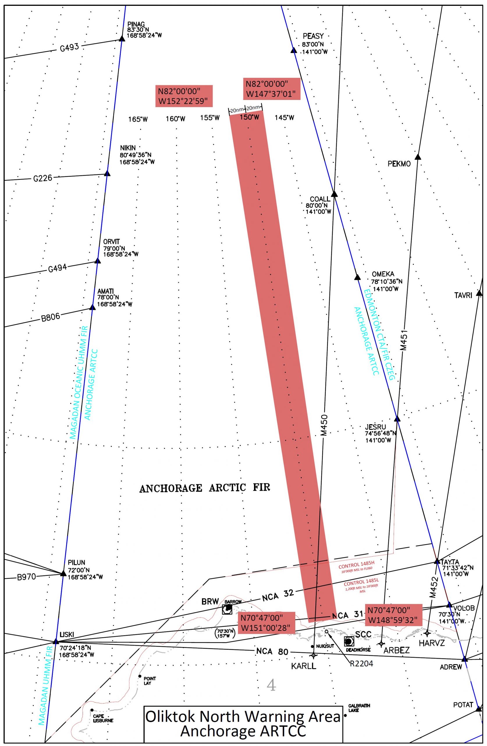The red bar depicts the 40-mile-wide, 700-mile-long warning airspace now under management by Sandia National Laboratories personnel for DOE’s Atmospheric Radiation Measurement facilities. The space extends from a northern point of the U.S. highway system to 400 miles short of the North Pole. The monitored space will better ensure the safety of climate and other experiments over international waters in the Arctic.