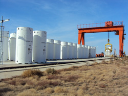 Massive casks containing spent nuclear fuel from the Soviet-era reactor at the Caspian Sea port of Aktau. The casks were shipped from the reactor site to a location in northeast Kazakhstan.