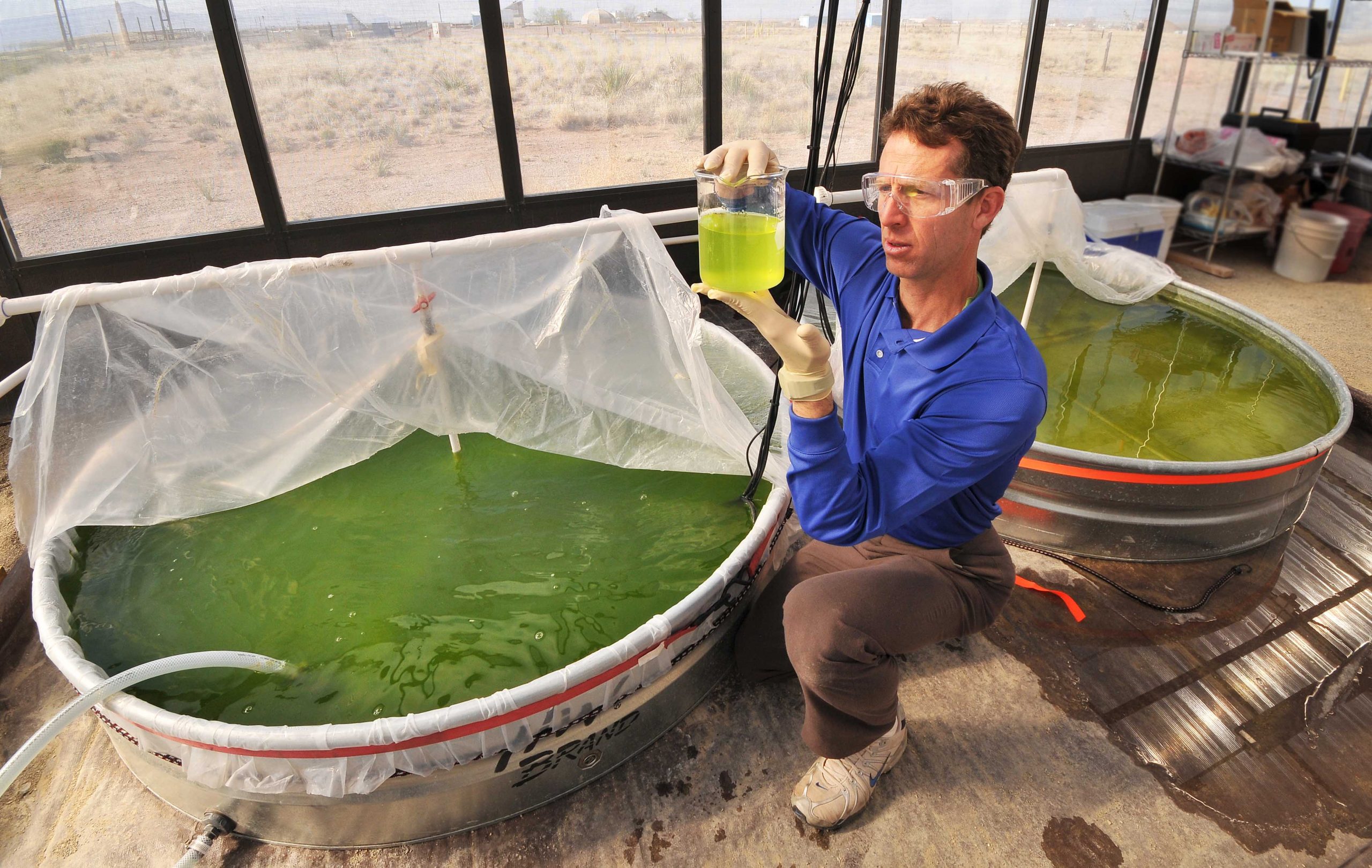 In the midst of algal growth tanks, researcher Brian Dwyer views a sample prior to a turbidity measurement.