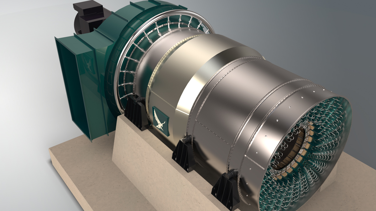 This illustration depicts the 6-megawatt distributed energy generating system developed by Peregrine Turbine Technologies.