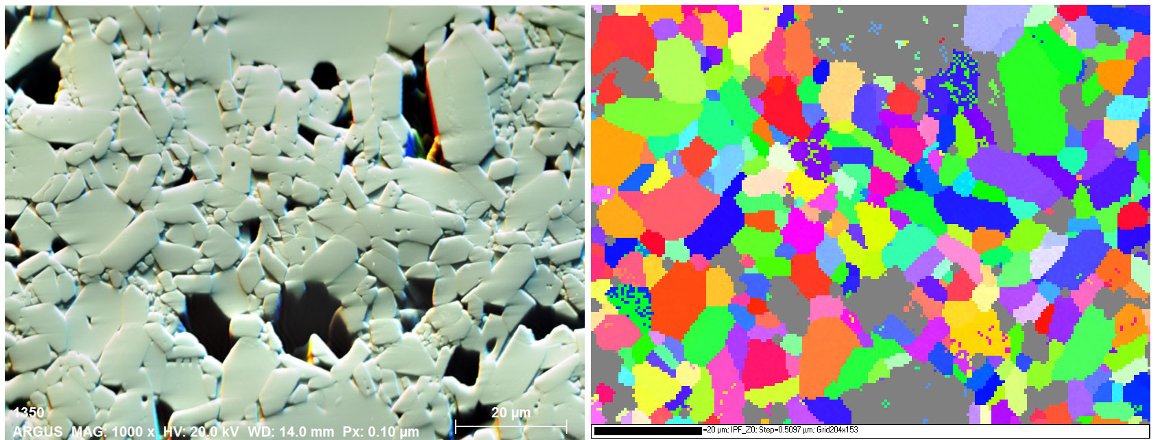This image for Sandia National Laboratories' Brittle Materials Assurance Prediction Program illustrates the microstructure of a brittle material as seen through a scanning electron microscope, left, and a graphic showing the grain orientation of that microstructure.