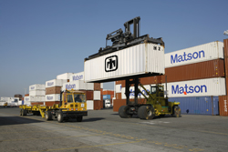 One of Sandia's containers is moved in preparation for loading at the Port of Oakland.