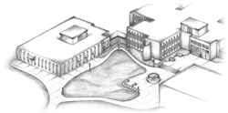 Artist’s rendering of Combustion Research Facility (CRF) complex (right) with proposed Combustion Research Computation and Visualization (CRCV) building (left). The new $5 million building, funded by the Department of Energys Office of Science (SC) and Office of Energy Efficiency and Renewable Energy (EE), will enhance the computational and modeling efforts that are central to the CRFs work portfolio. Drawing by Daniel Strong.