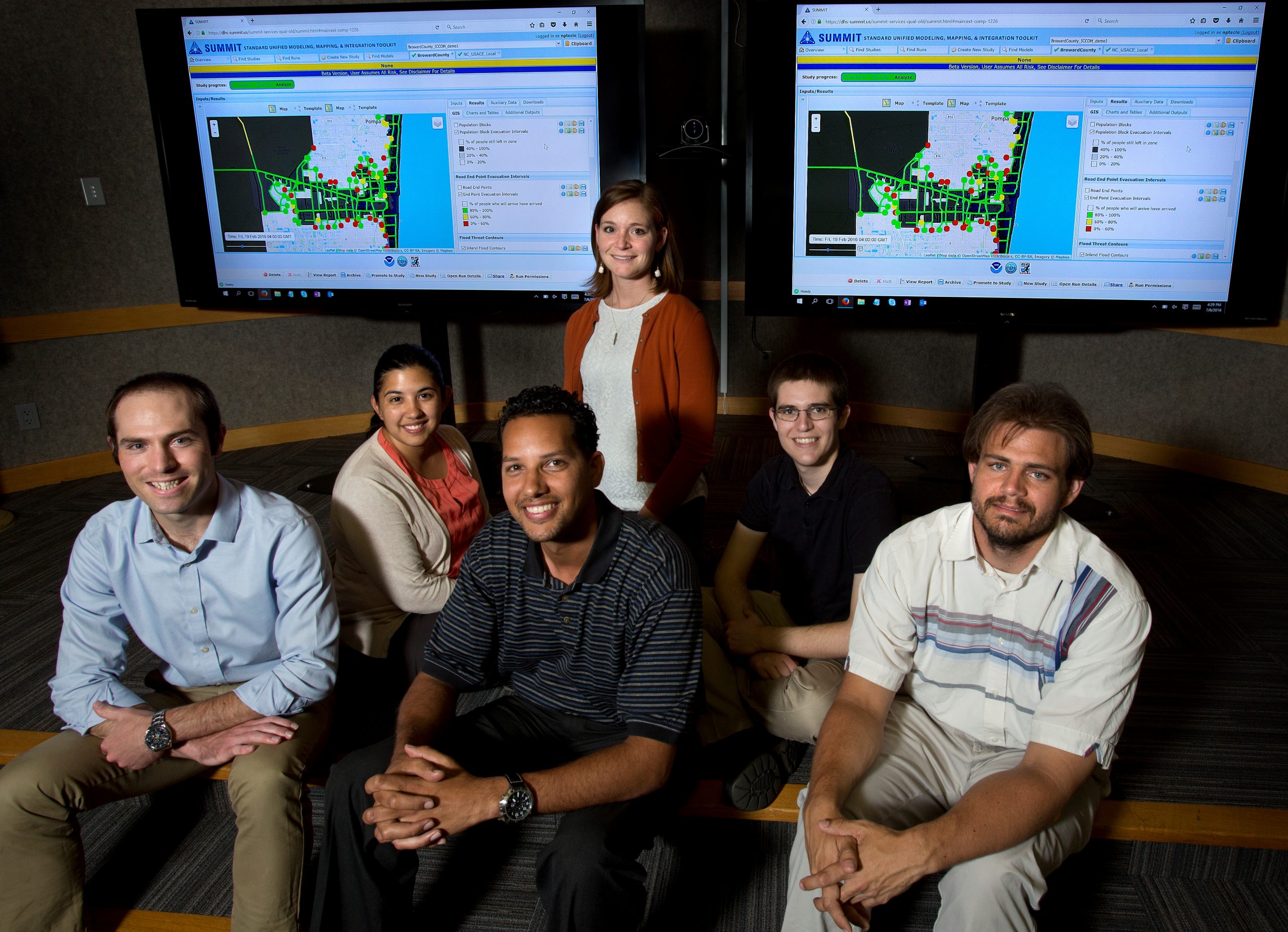 Sandia hurricane guidance team, from left to right, Brandon Heimer, Patricia Pacheco, Nerayo Teclemariam, Lynne Burks, Josh Bauer and Aaron Gibson.