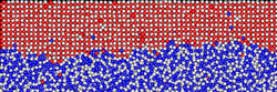 Researchers from Northwestern University and Sandia, working with the LAMMPS code, developed a simulation strategy for solidifying metals and metal alloys where the temperature of the system is carefully thermostatted so the velocity of the interface can be accurately measured. The image here depicts a liquid/solid interface in a nickel /aluminum alloy.