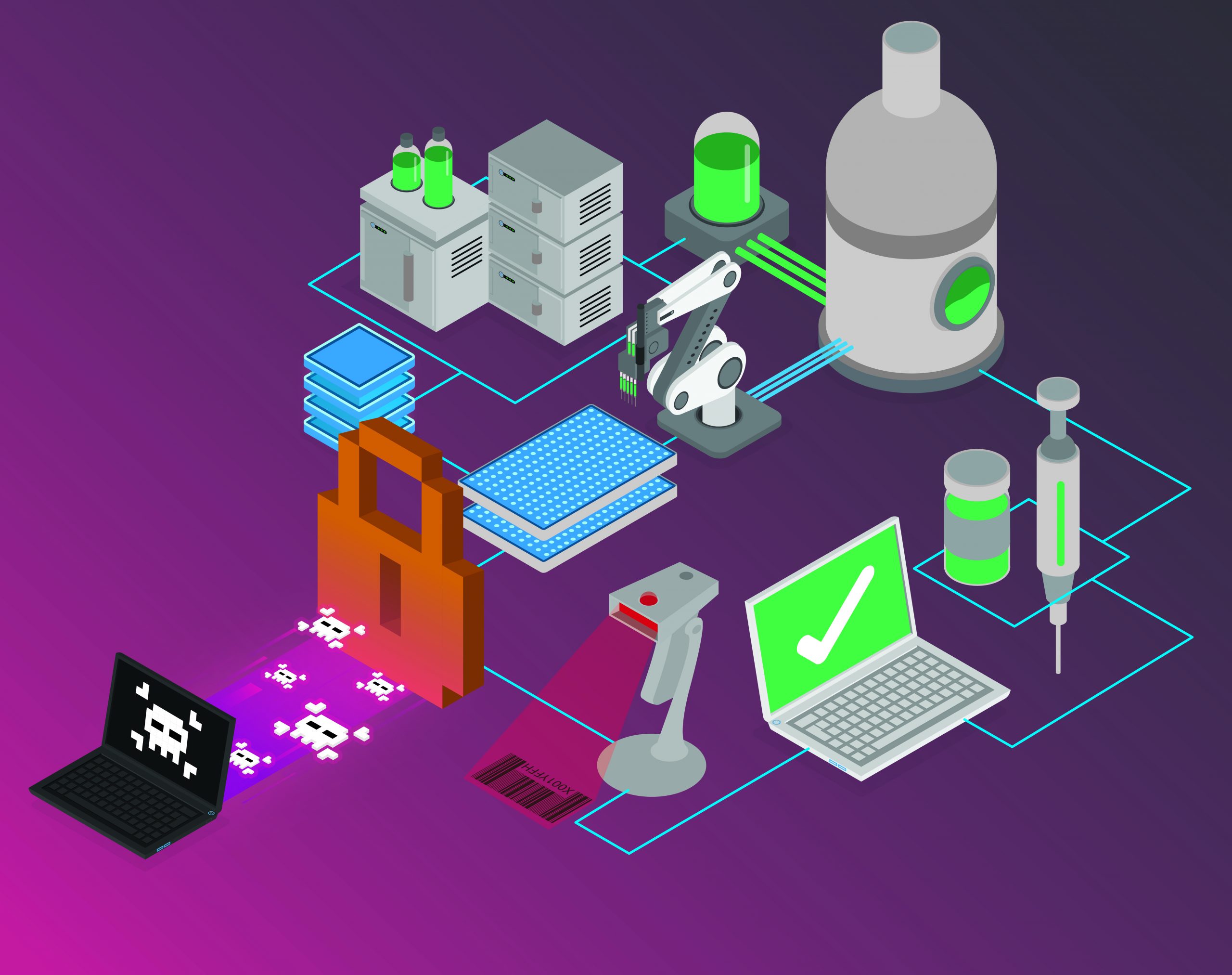 An illustration depicts a cyber adversary attempting to access computer systems and equipment that contain genetic data. A collaboration between Sandia National Laboratories and BioBright LLC is yielding a security protocol to secure that data.