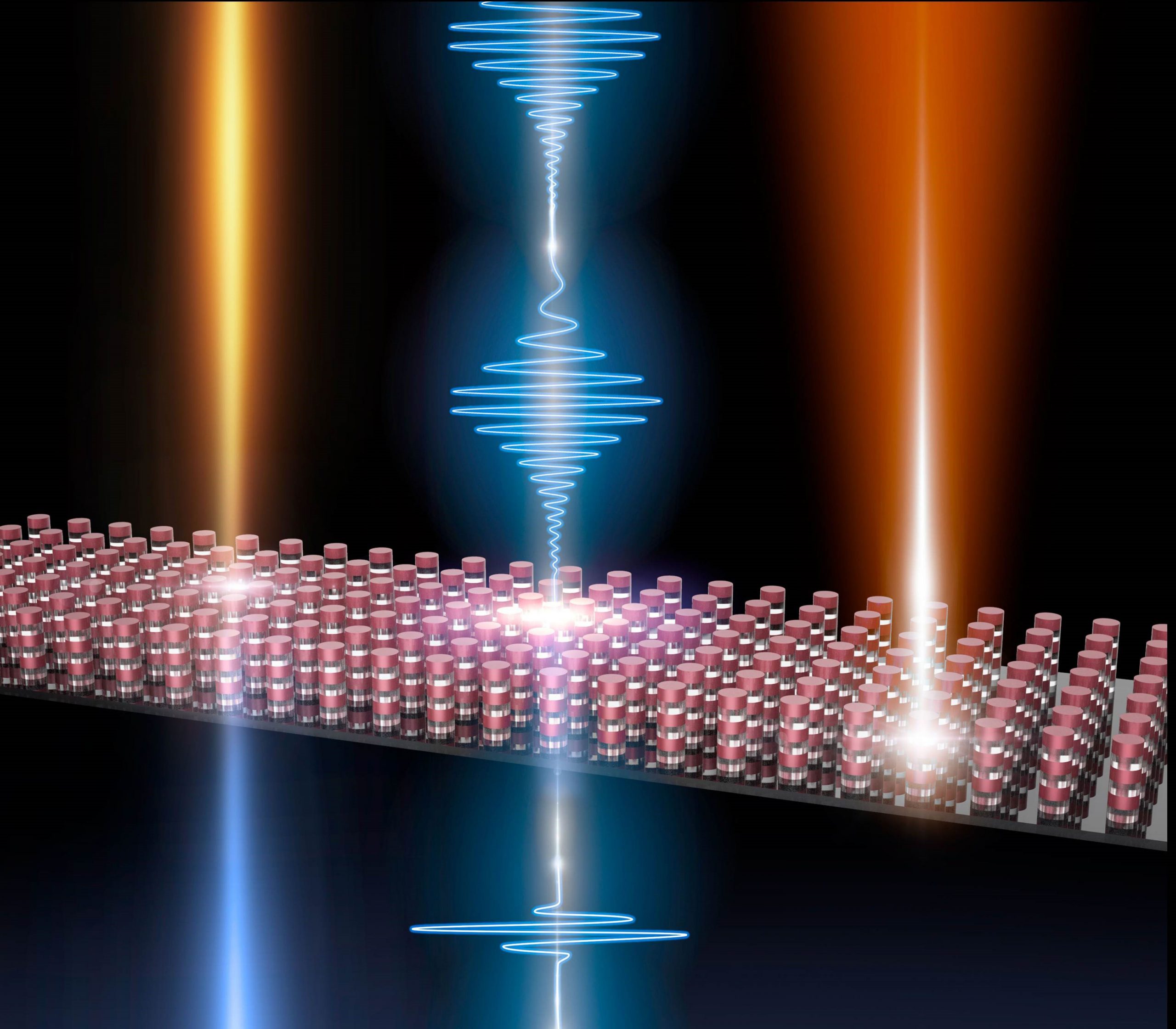 This three-resonator-thick III-V metasurface of cylindrical resonators illustrates three possible uses: The left light beam changes color as it passes through the metasurfaces, signifying that nonlinear harmonic generation is taking place that converts the light beam to a shorter wavelength. The blue trace in the middle shows a train of pulses passing through the surface. As they pass, the pulse width decreases due to pulse compression, which requires that the phase of the transmitted optical wave vary with the wavelength. The multilayer metasurfaces are able to achieve the correct phase variation — something not possible with single layer metasurfaces. The beam on the right signifies that these metasurfaces can act as efficient emitters of light.