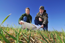 Environmental managers Mike Mitchell and Don Schofield on the evapotranspirative cover of the Mixed Waste Landfill.