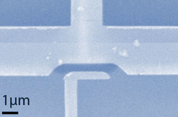 The suitcase-like handle are the two nanowires, one above the other. The darkest areas are gallium arsenide crystal. The two lighter areas in the shape of “plus” signs are gold gates at the top and bottom of the device.