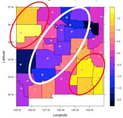 The color-coded map of New Mexico, with darker colors indicating a drop in COVID-19 infection rates within a county and lighter colors denoting an increase, illustrates how Sandia National Laboratories researchers Jaideep Ray and Cosmin Safta’s predictive program can help emergency service providers plan resources.