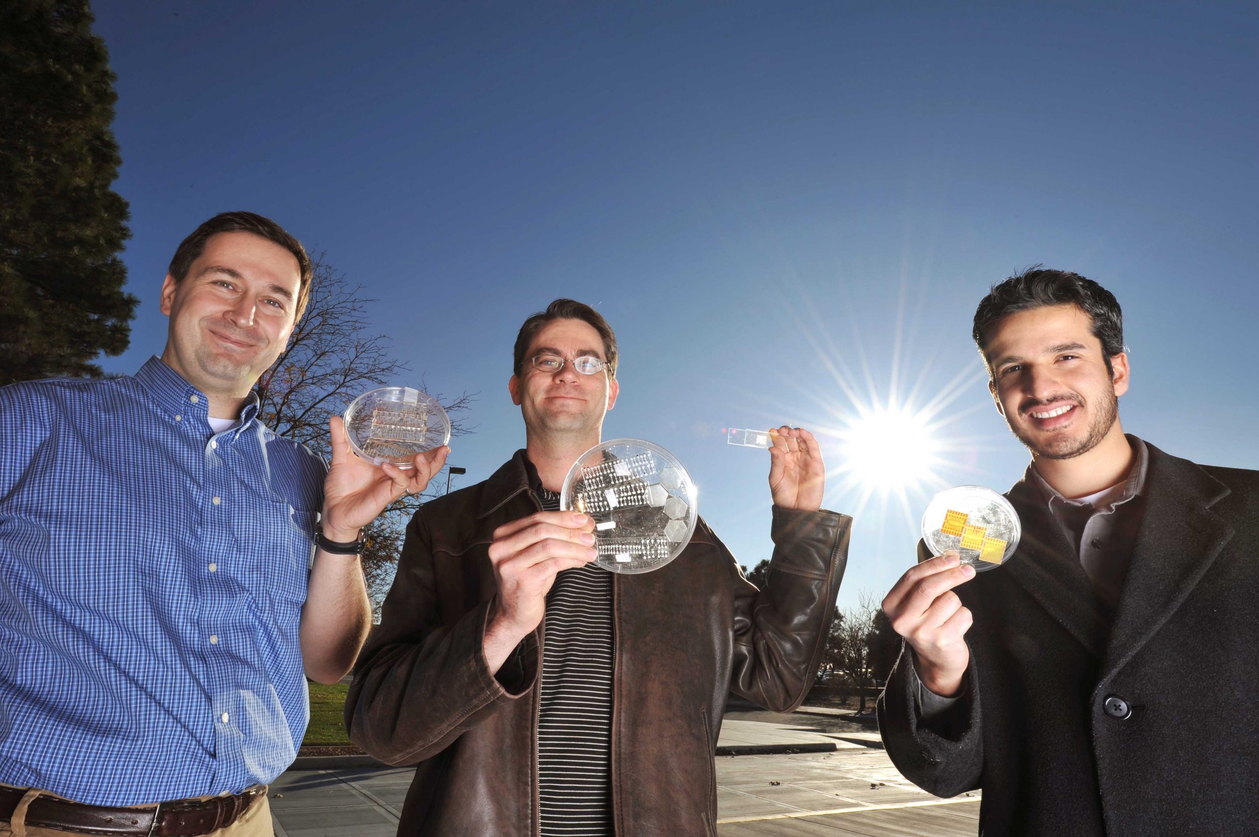 From left to right, Sandia researchers Murat OKandan, Greg Nielson, and Jose Luis Cruz-Campa, hold samples containing arrays of microsolar cells.