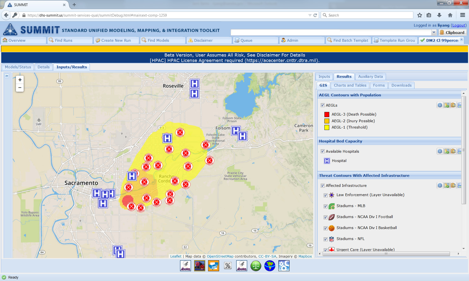 The screenshot shows the SUMMIT tool during an exercise simulating a terrorist attack in which an improvised explosive device produced a hazardous plume. The software helped exercise participants calculate health impacts and medical surge requirements, and analyze evacuation routes and timing issues.