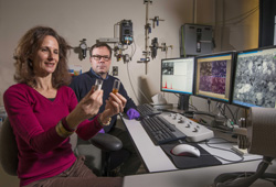 Sandia researcher Tina Nenoff, pictured here with colleague Dave Rademacher, demonstrated that CSTs could capture radioactive cesium in seawater. The technology is being used in the Fukushima clean-up effort.