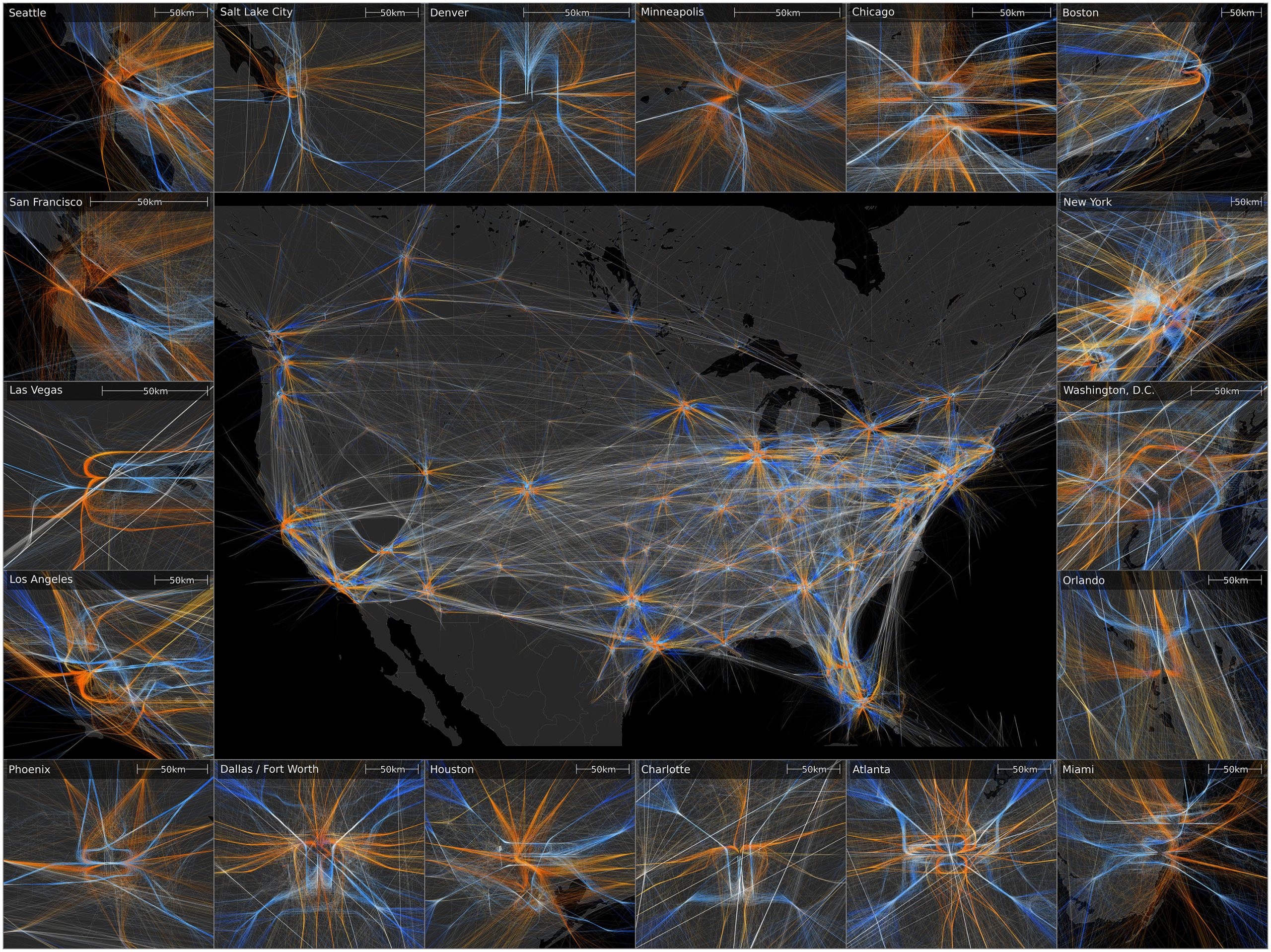 This award-winning image by Sandia researcher Andy Wilson shows PANTHER’s geometric and temporal trajectory analyses of air traffic patterns from 43,000 flights over the continental United States on April 4, 2014. In this image, which is far more intricate than what we see from the ground, white lines represent level flight, orange lines indicate ascent and blue lines show descent. Around the edges are smaller views of most of the busiest airports to show the wide variety of traffic patterns. The image was runner-up in an international contest sponsored by IEEE Visualization and Graphics Technical Committee in 2014.