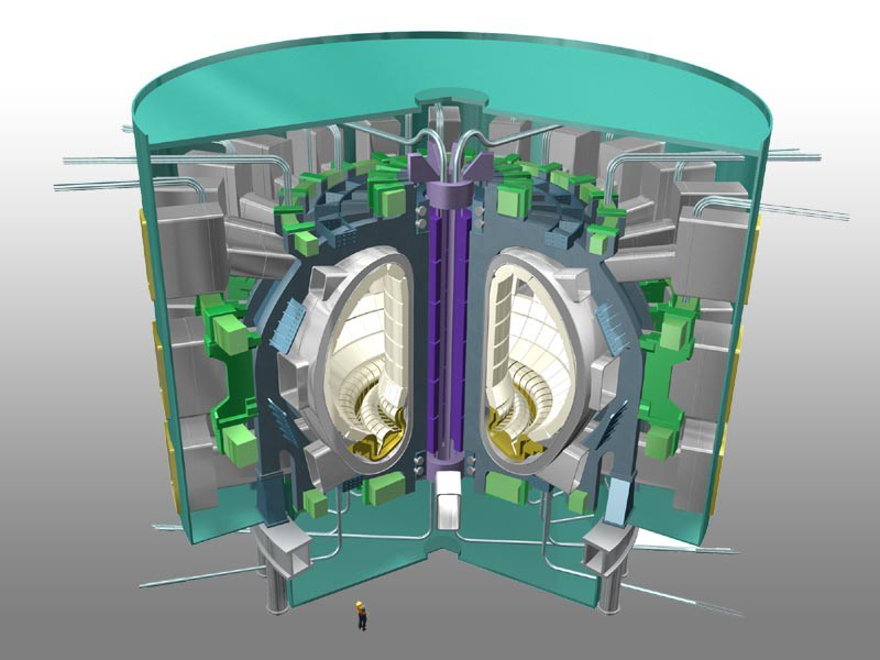 An artist's conception of the 10-story ITER reactor. The D-shaped unit represents the torus that will house the 100 million K plasma. The little man, bottom left, is 2 meters (roughly 6 ft.) tall. Download 300dpi 600KB JPEG image (Media are welcome to download/publish this image with related news stories.)