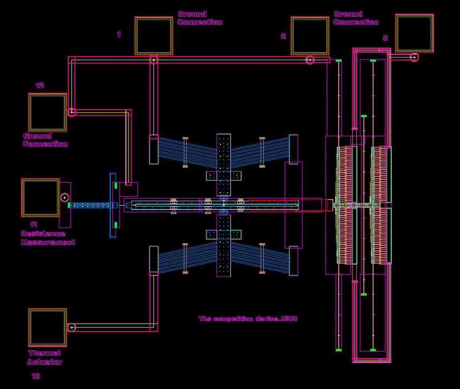 This University of Illinois design is for a MEMS platform able to perform creep and stress relaxation tests on polymeric, metallic, and biological nanofibers.<br />
Download 300dpi JPEG<br />
(Media are welcome to download/publish this image with related news stories.)