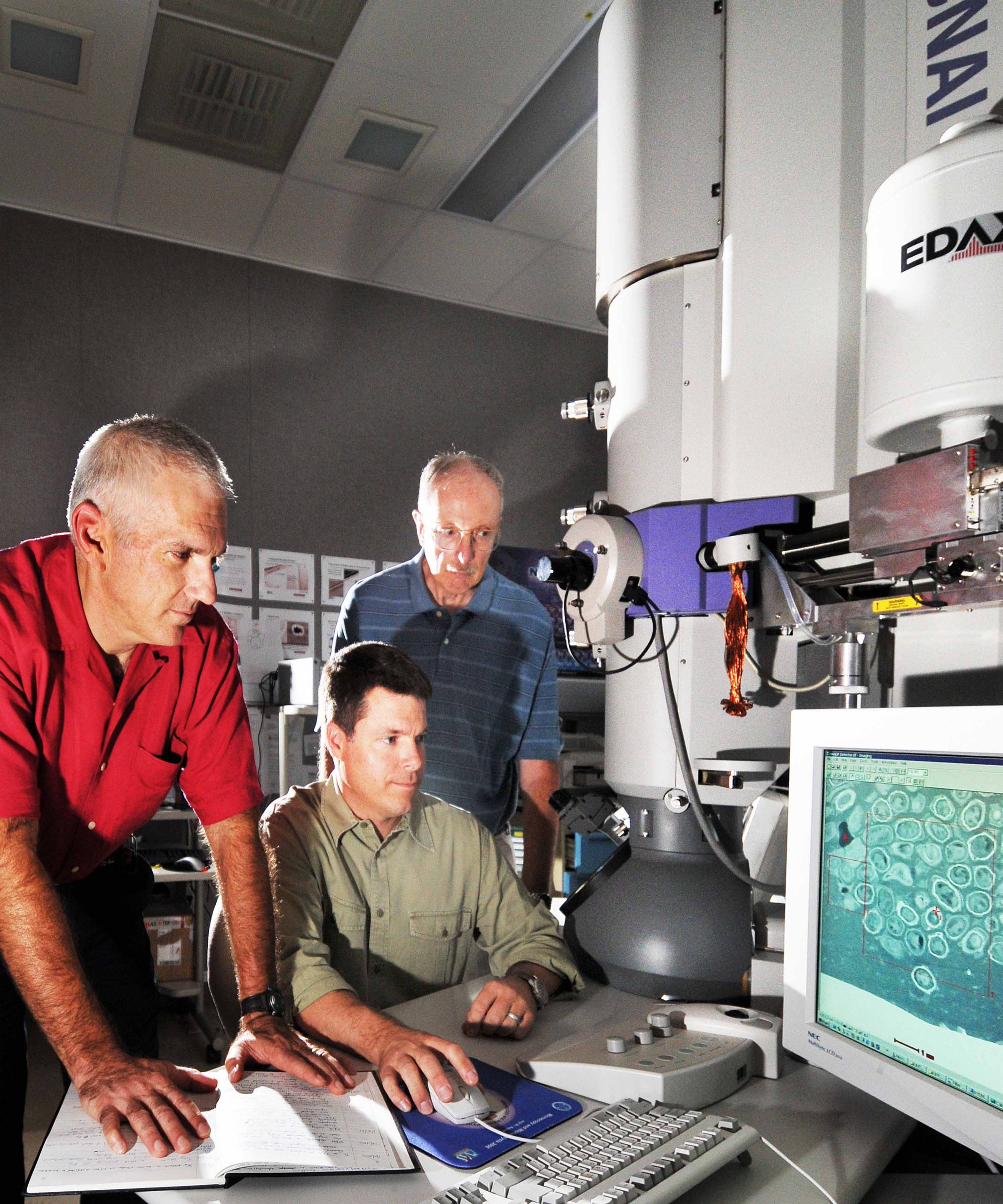 Sandia's material characterization analysts (from left to right) Joseph Michael, Paul Kotula, and manager Ray Goehner (photo by Randy Montoya). Download 300dpi 600KB JPEG image (Media are welcome to download/publish this image with related news stories.)